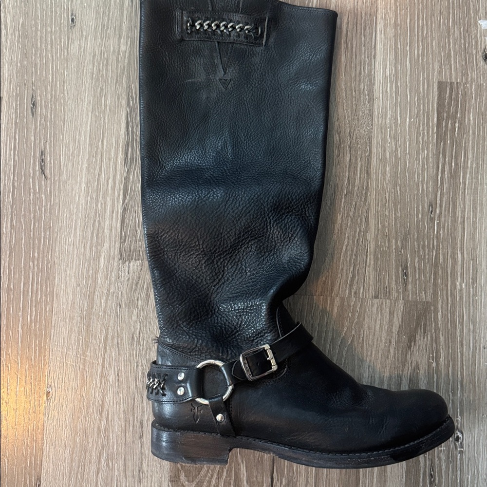 Frye Jenna Chain tall black leather boots.